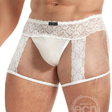 Lace King Men's Lace and Mesh Garter Panty White