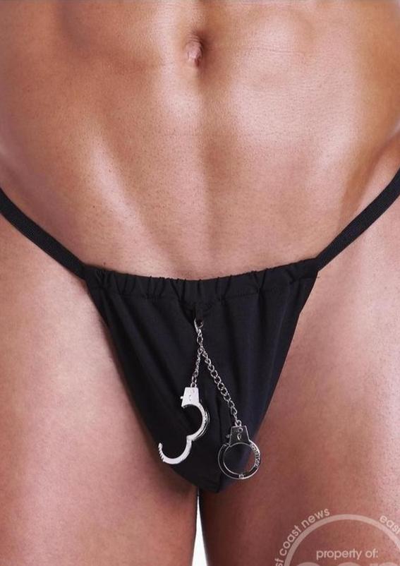 Fundies Hundcuff G-String With Toy Handcuffs - O/S - Black