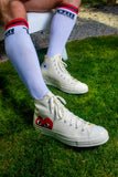 TOM OF FINLAND KNEE HIGH WHITE LOGO SOCKS