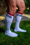 TOM OF FINLAND KNEE HIGH WHITE LOGO SOCKS