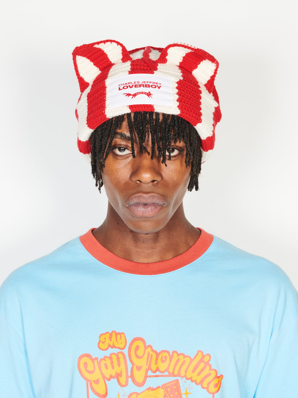 LOVERBOY BY CHARLES JEFFREY STRIPED EARS BEANIE RED/ WHITE