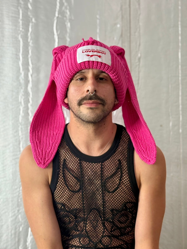 LOVERBOY BY CHARLES JEFFREY CHUNKY RABBIT BEANIE in PINK