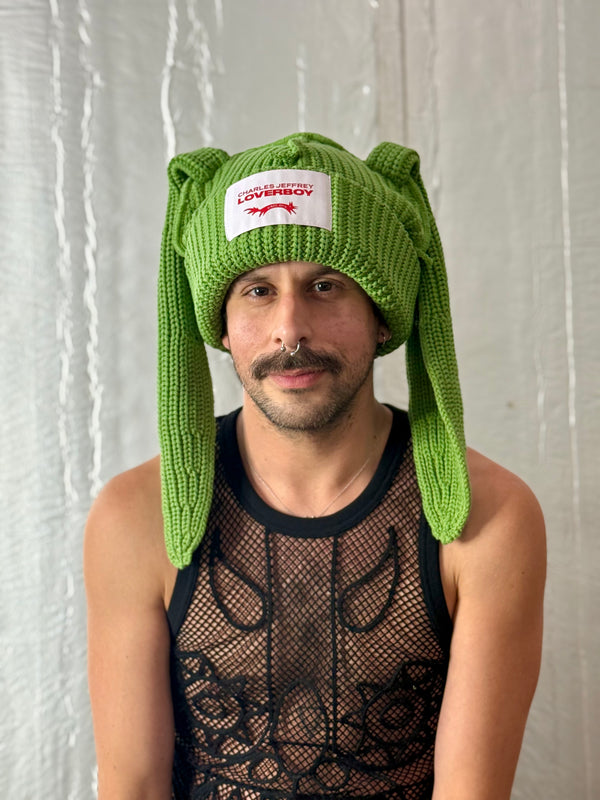 LOVERBOY BY CHARLES JEFFREY CHUNKY RABBIT BEANIE in GREEN