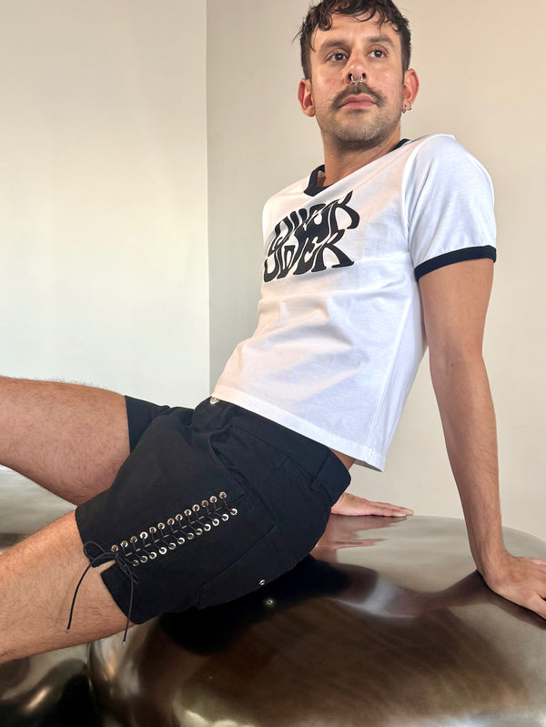 LACE UP JEAN SHORTS BY LUDOVIC DE SAINT SERNIN