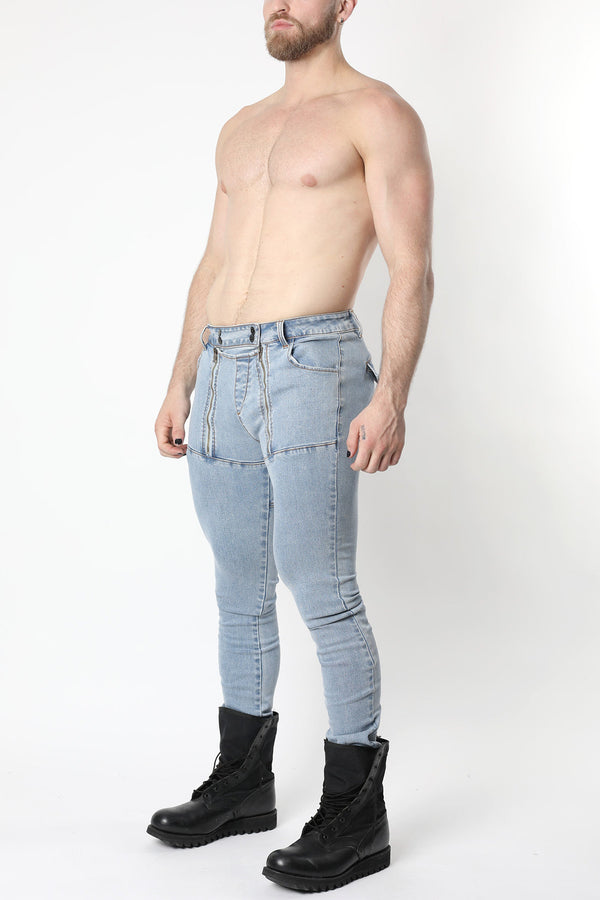 CELLBLOCK 13 SLICK CARPENTER DENIM ZIPPER PANTS - Light Blue