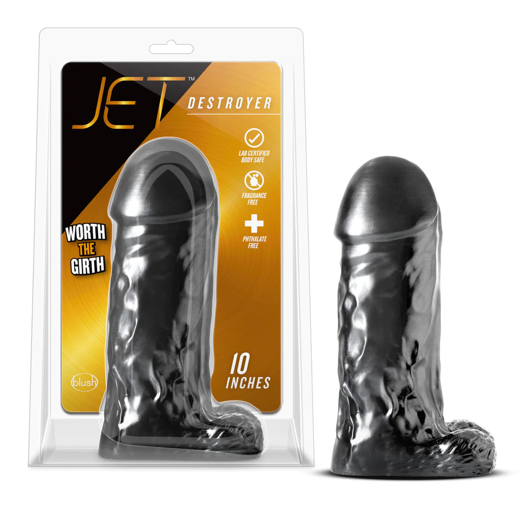 Jet Destroyer Realistic Carbon Metallic Black 10-Inch Long Dildo With Balls
