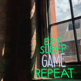 'eat Sleep Game Repeat' Green & White Neon Led Wall Mountabe
