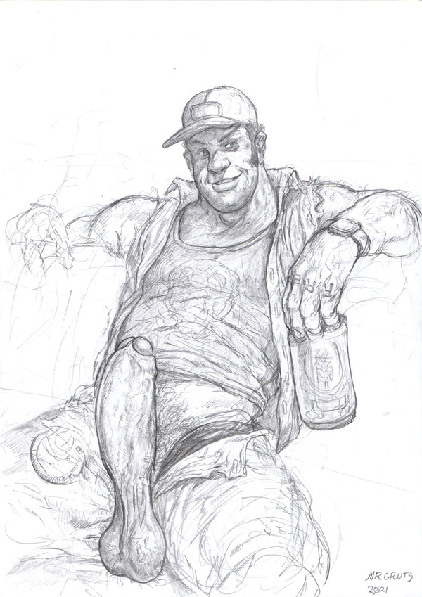 Mr. Gruts, After Work Redneck Meet : unused sketch (beer in hand), 2021