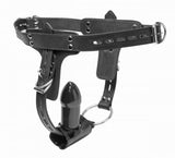 Premium Locking Leather Cock Ring and Anal Plug Harness by Strict Leather